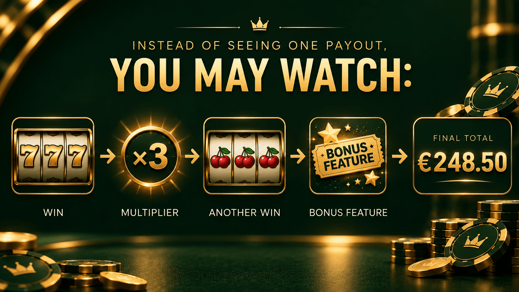 Casino infographic illustrating how a single payout can build through a win, multiplier, another win, bonus feature, and final total, in a dark green and gold premium casino style.