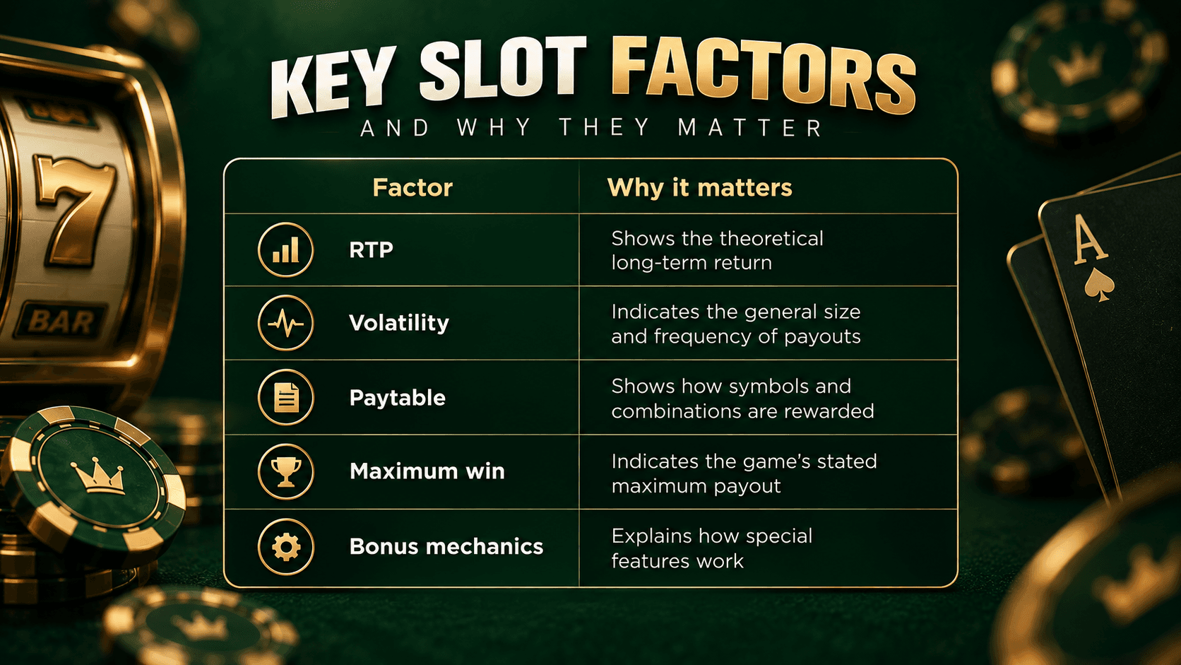 Casino infographic explaining key slot factors including RTP, volatility, paytable, maximum win, and bonus mechanics, with their importance shown in a premium dark green and gold design.