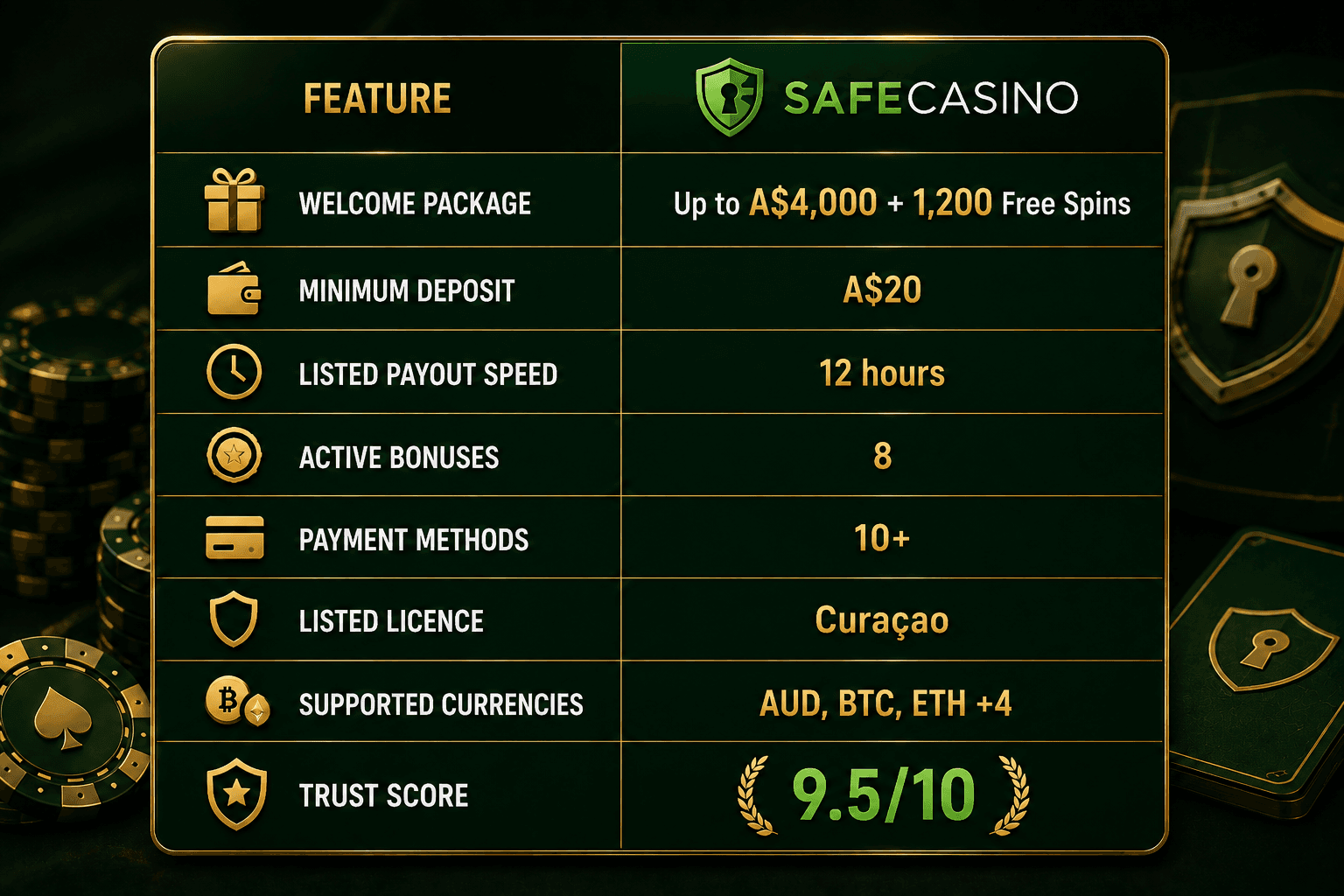 SafeCasino feature overview showing a welcome package of up to A$4,000 plus 1,200 free spins, a A$20 minimum deposit, listed 12-hour payouts, 8 active bonuses, 10+ payment methods, a Curaçao licence, support for AUD, BTC, ETH and four additional currencies, and a 9.5/10 trust score.