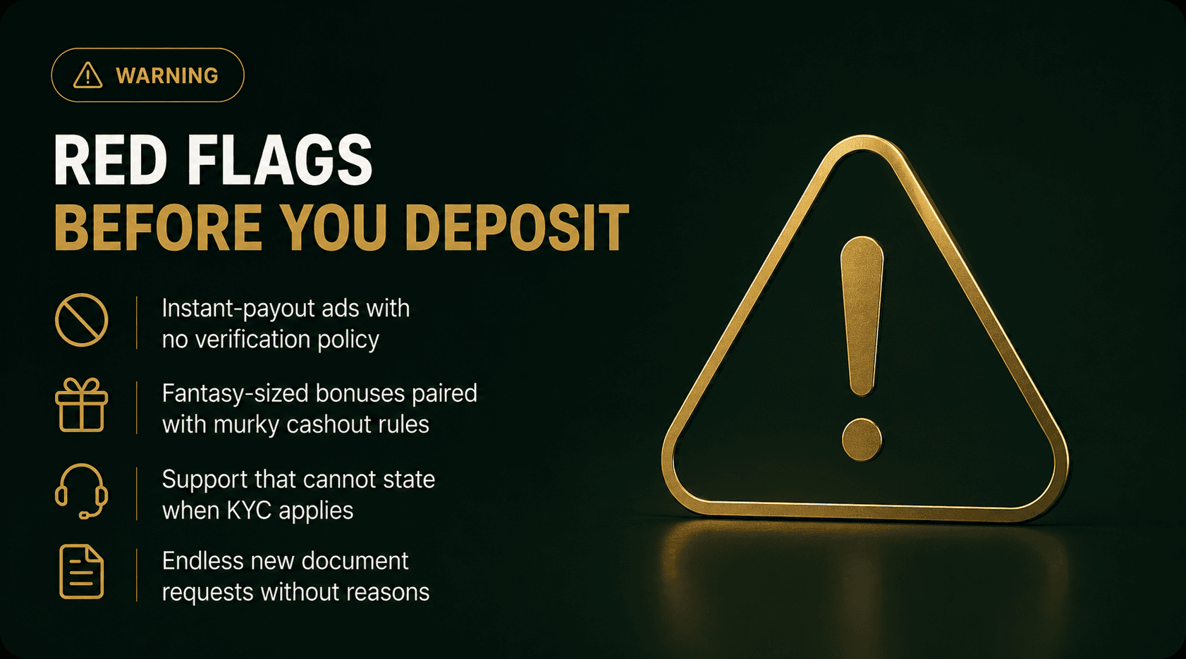 Red flags before you deposit at an online casino infographic with luxury green and gold design.