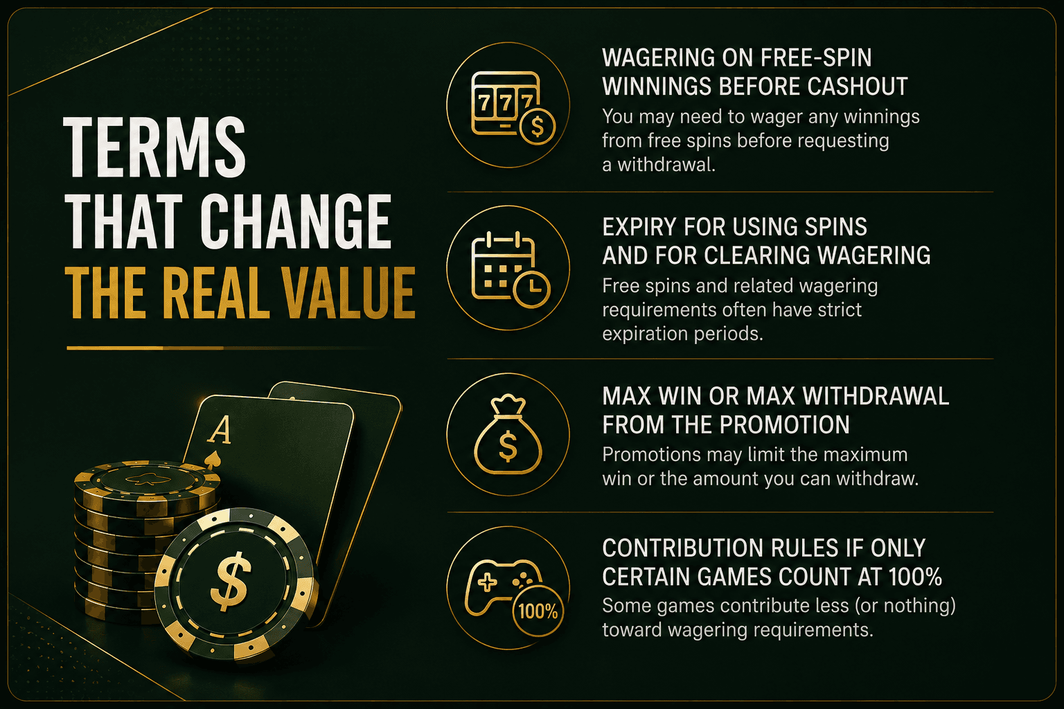 Infographic explaining online casino bonus terms, including free spin wagering requirements, expiration periods, maximum withdrawal limits, and game contribution rules that affect the real value of casino promotions.