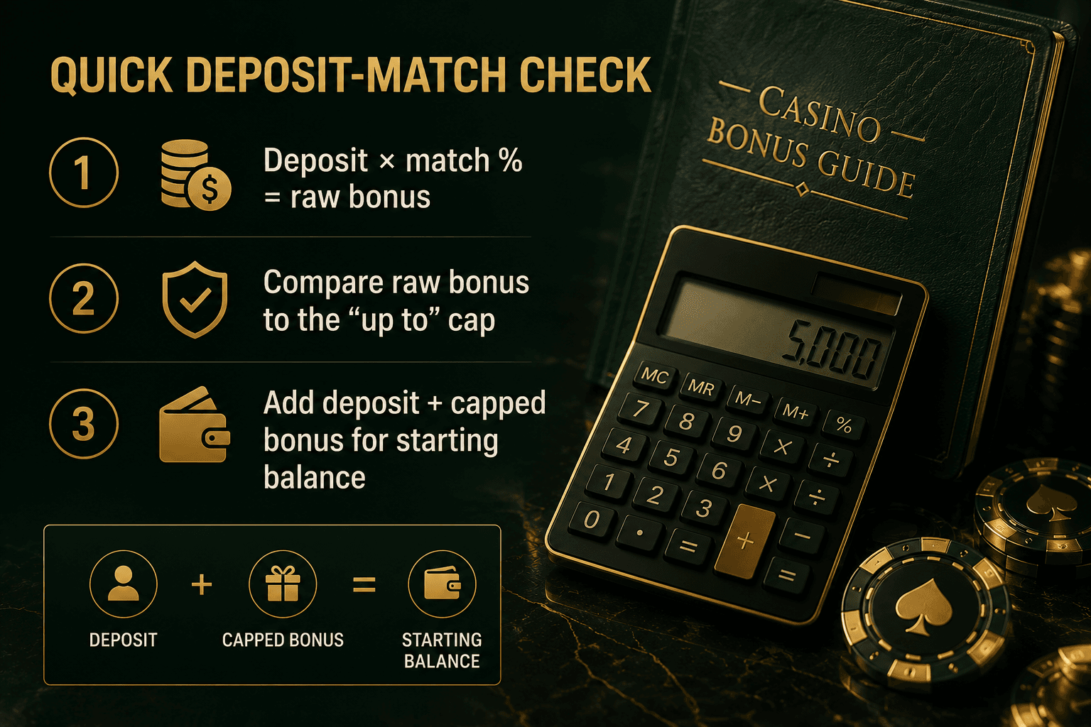Infographic showing how to calculate an online casino deposit match bonus, including bonus percentage, maximum bonus cap, and starting balance after applying the casino promotion.