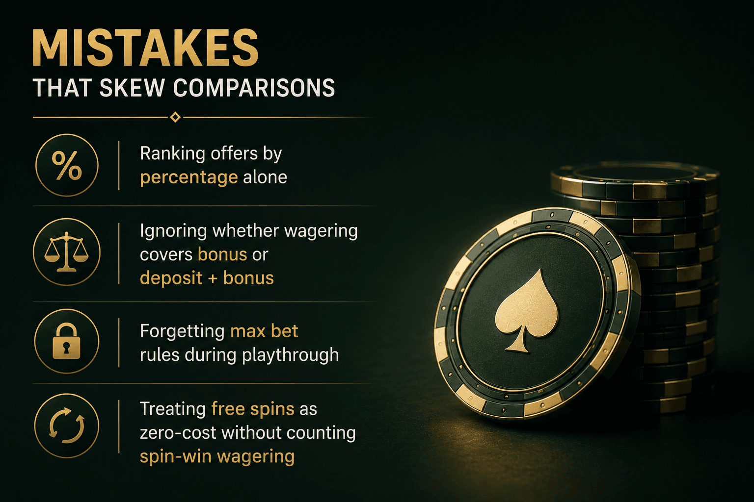 Infographic highlighting common online casino bonus comparison mistakes, including wagering requirements, maximum bet limits, free spins wagering, and bonus terms that affect the real value of casino promotions.