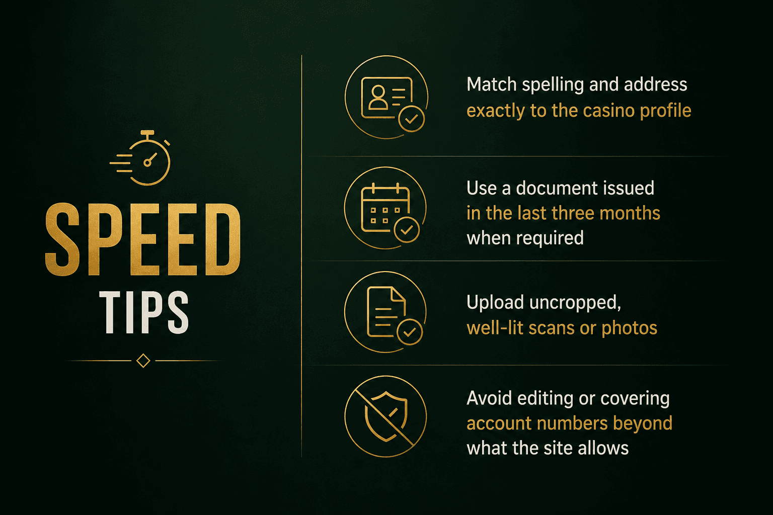 Infographic with online casino KYC verification tips, showing how to upload proof of address correctly, use recent documents, match account details, and avoid common verification delays.
