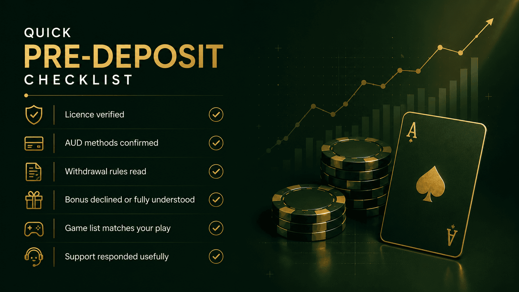 Infographic with a pre-deposit online casino checklist covering licence verification, AUD payment methods, withdrawal rules, bonus terms, game selection, and customer support before joining a casino.