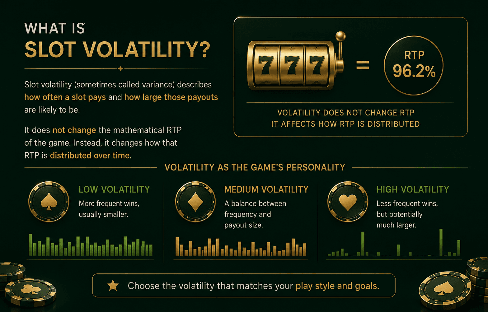Infographic explaining online slot volatility, showing the difference between low, medium, and high volatility, RTP distribution, payout frequency, and win potential in casino slot games.