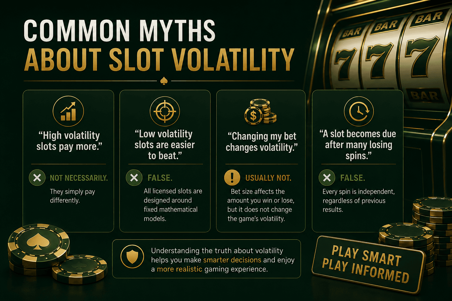 Infographic debunking common online slot volatility myths, explaining RTP, payout frequency, betting misconceptions, and how slot volatility really affects casino gameplay and winning potential.