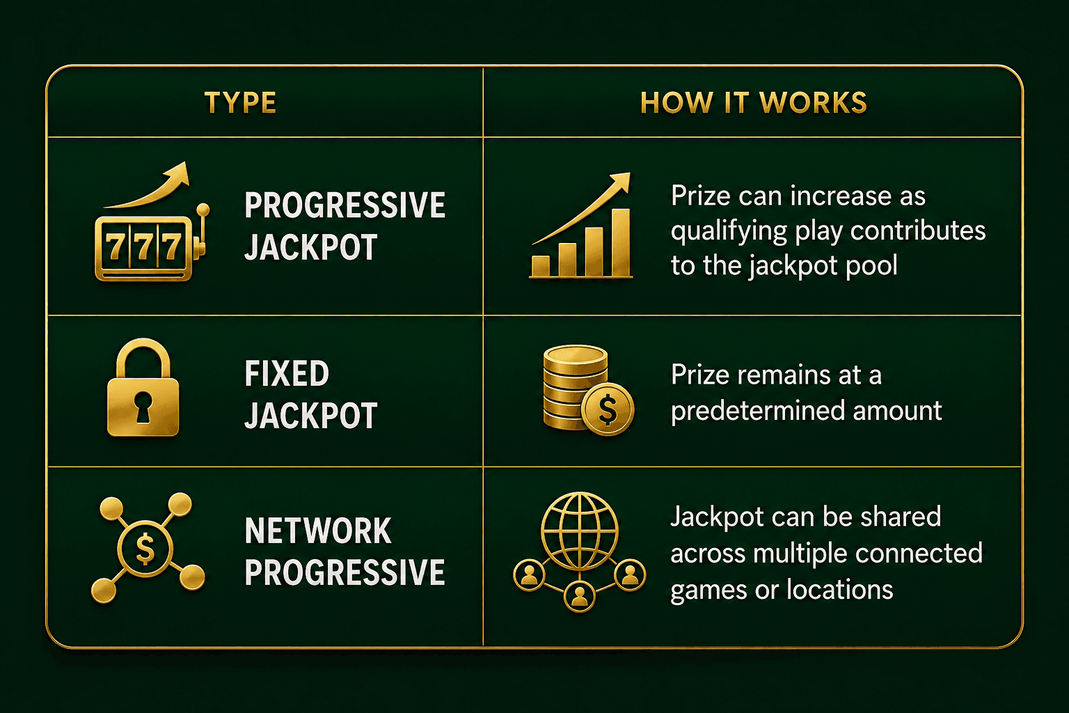 Progressive, fixed and network casino jackpots explained in a green and gold infographic.