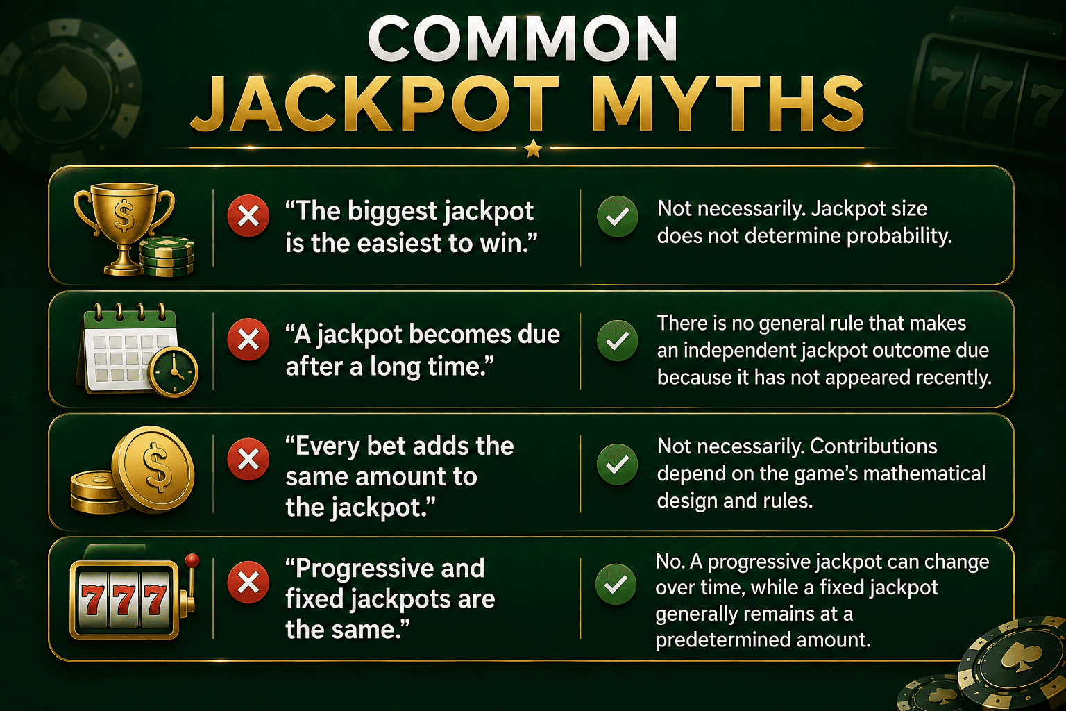 Common casino jackpot myths explained in a green and gold infographic.