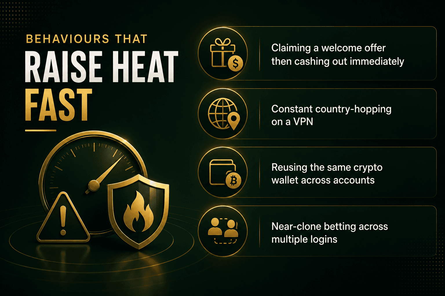 Infographic showing common online casino behaviors that trigger fraud detection, including bonus abuse, VPN usage, shared crypto wallets, and multi-account betting patterns.