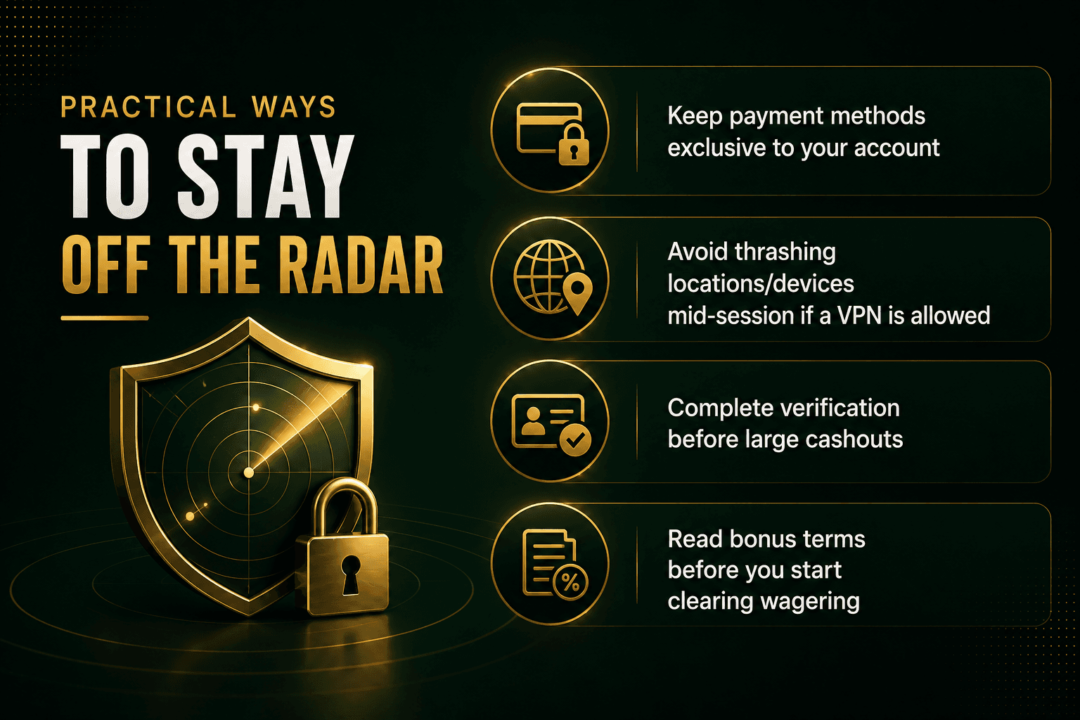 Luxury green and gold online casino security infographic with safe gambling tips.
