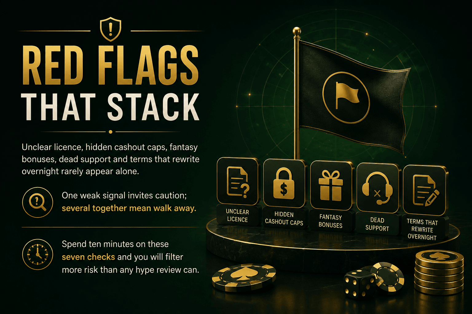 Infographic highlighting online casino red flags, including unclear licences, hidden withdrawal limits, misleading bonuses, poor customer support, and unfair casino terms to help players avoid scam casinos.