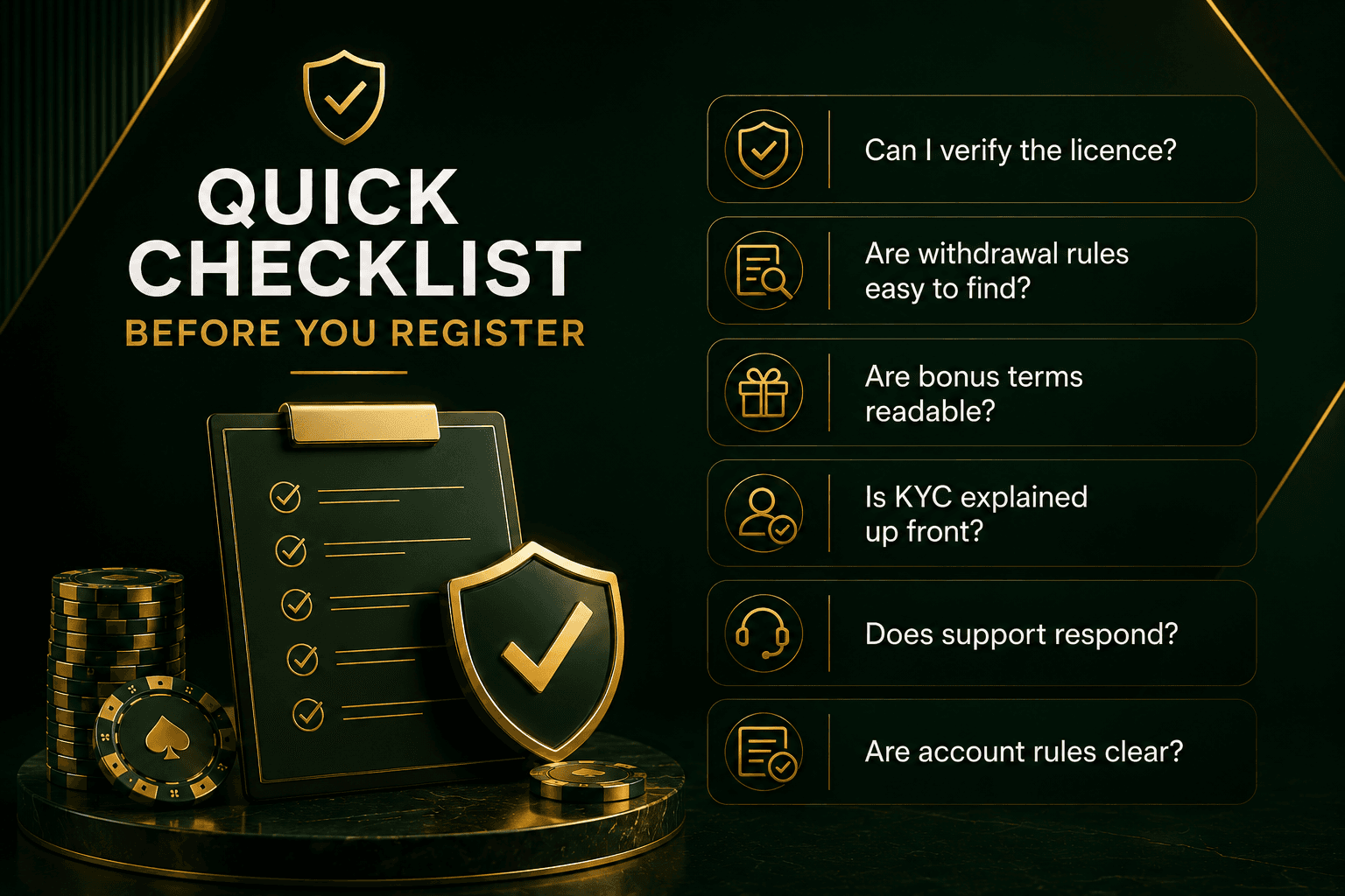 Infographic with a pre-registration online casino checklist, covering licence verification, withdrawal rules, bonus terms, KYC requirements, customer support, and account safety for secure casino registration.
