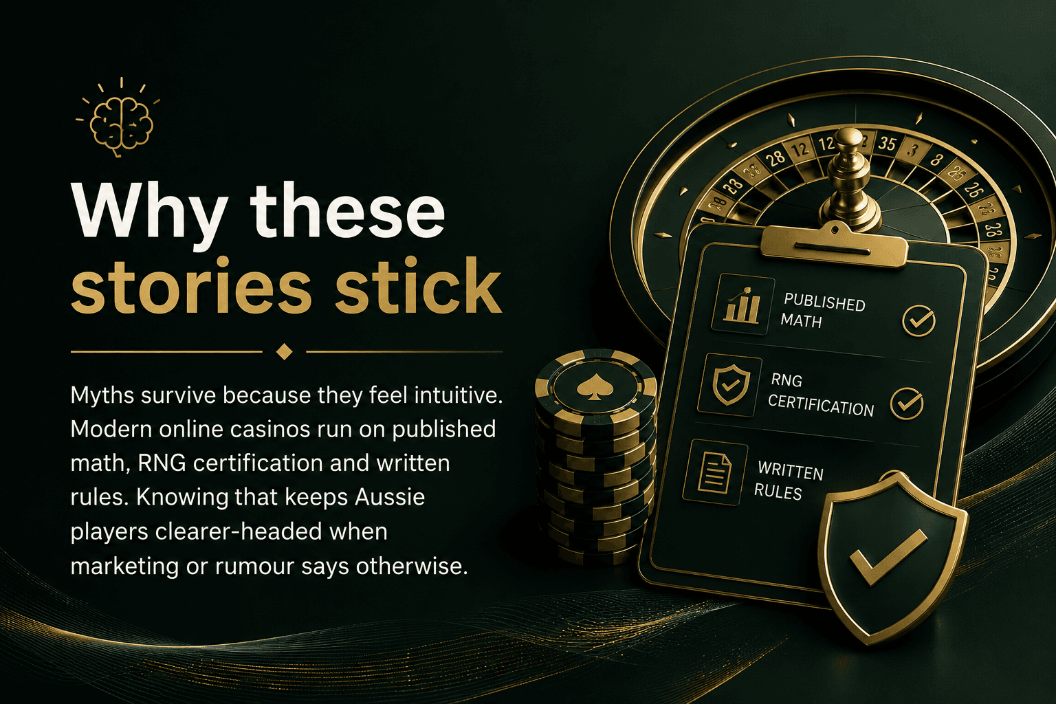 Infographic explaining why online casino myths persist, highlighting RNG certification, published game mathematics, transparent casino rules, and facts that help Australian players make informed gambling decisions.