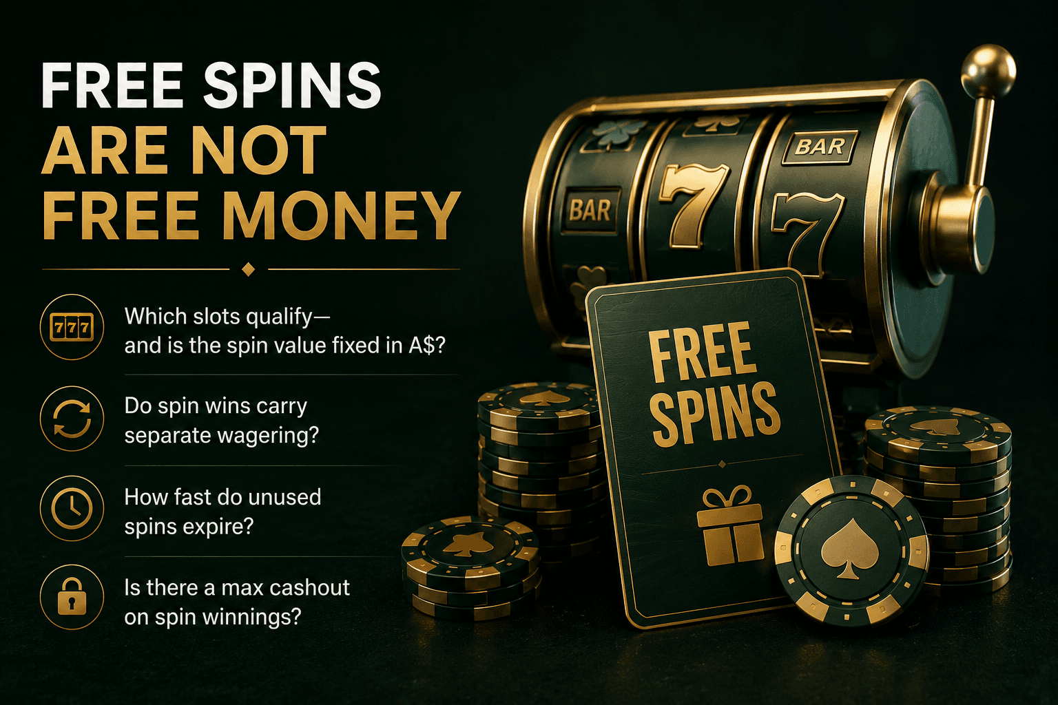 Infographic explaining online casino free spins, covering wagering requirements, eligible slots, spin expiry, maximum cashout limits, and bonus terms for Australian casino players.