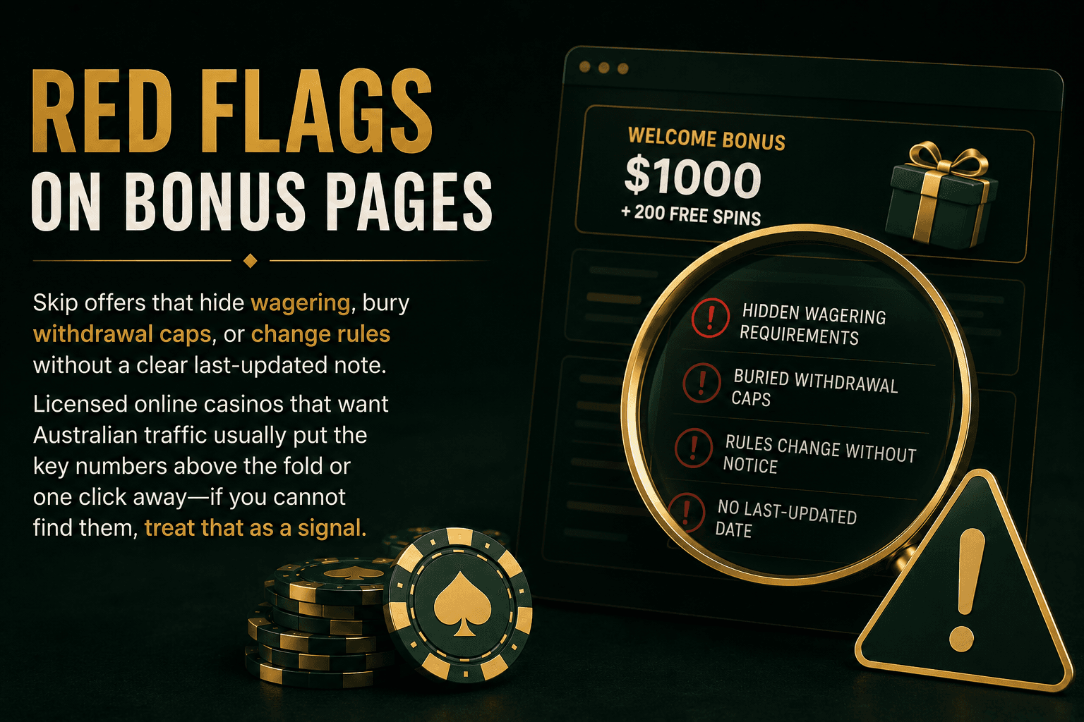 Online casino bonus page highlighting red flags including hidden wagering requirements, withdrawal limits, unclear bonus terms, and misleading free spins offer.