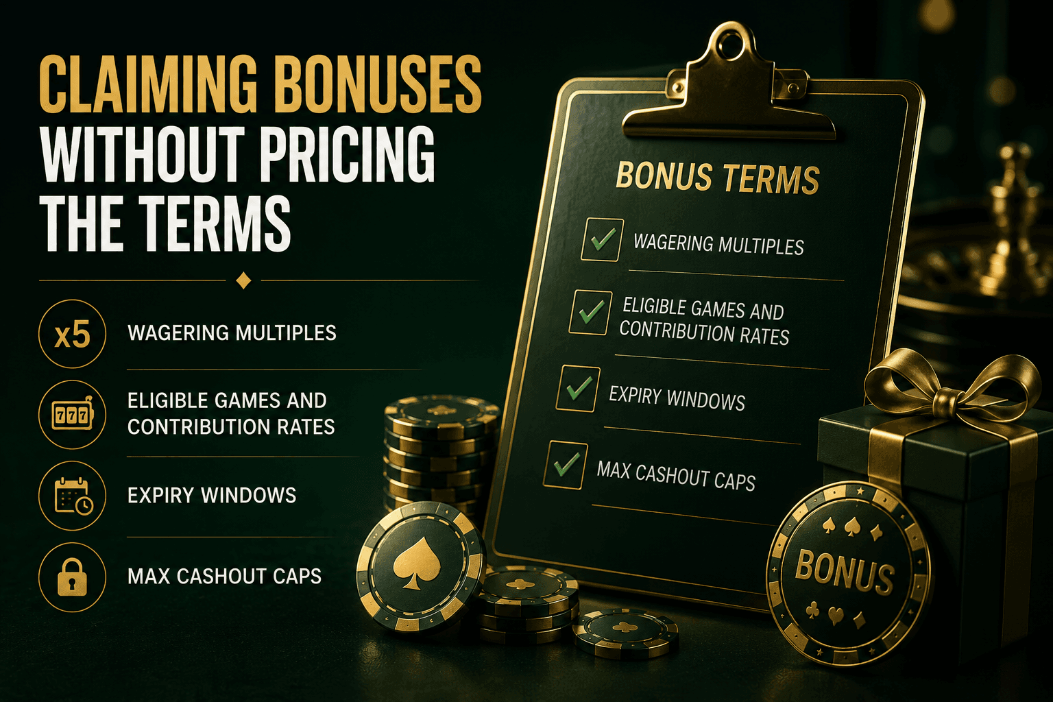 Infographic explaining casino bonus terms, highlighting wagering requirements, eligible games, contribution rates, expiry periods, and maximum cashout limits to help Australian players compare online casino bonuses.