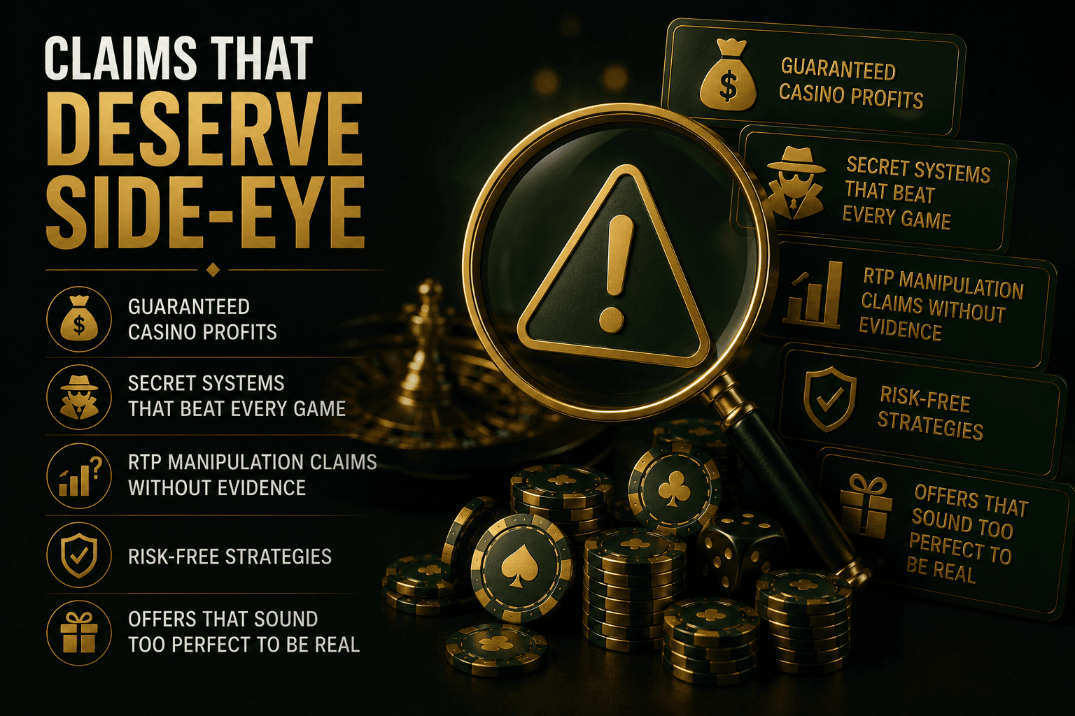 Infographic highlighting misleading online casino claims, including guaranteed profits, secret gambling systems, RTP manipulation myths, risk-free betting strategies, and bonus offers that seem too good to be true for Australian players.