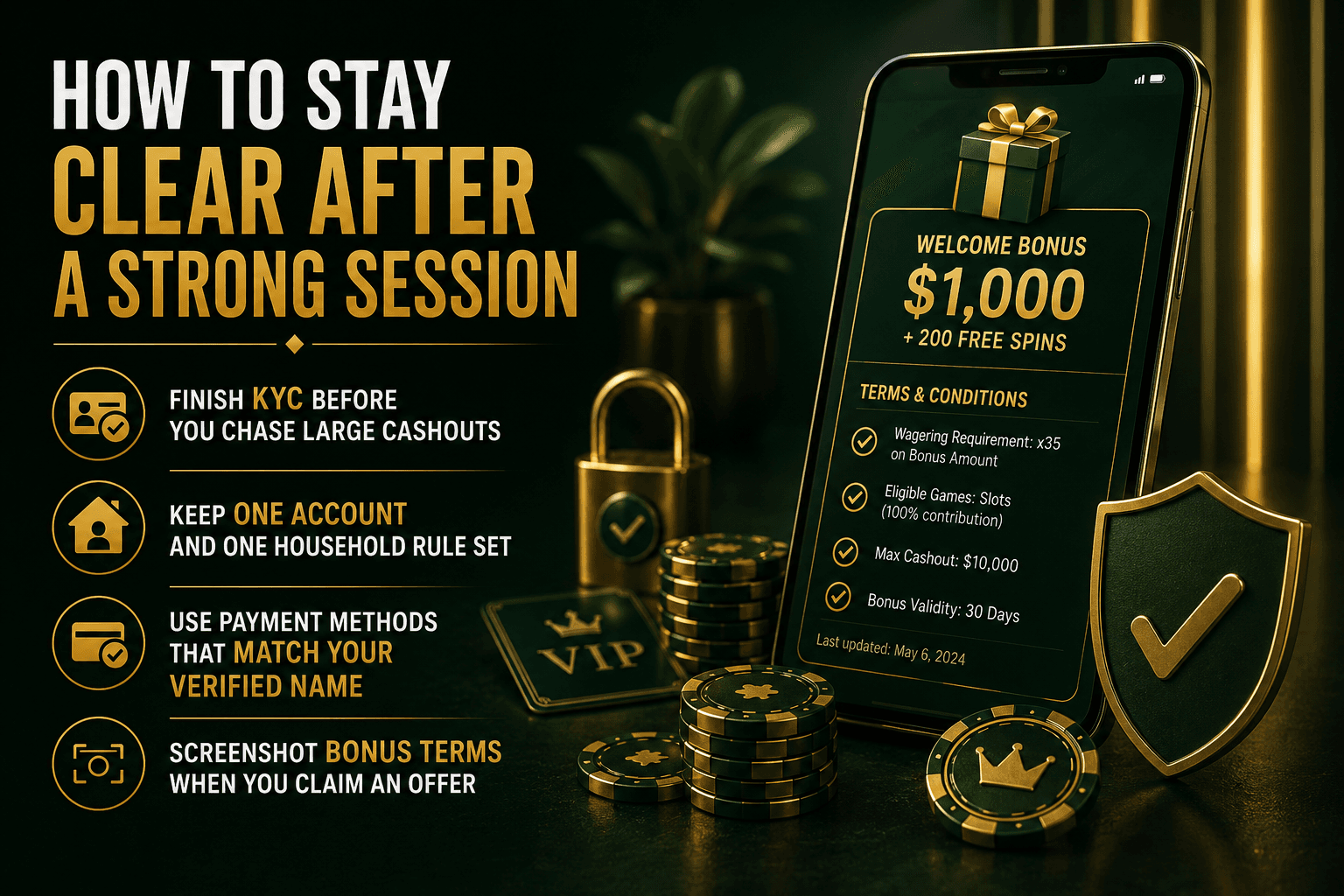 Infographic with online casino account security tips, explaining KYC verification, verified payment methods, responsible cashout preparation, one-account policy, and bonus terms to help Australian players avoid withdrawal issues.
