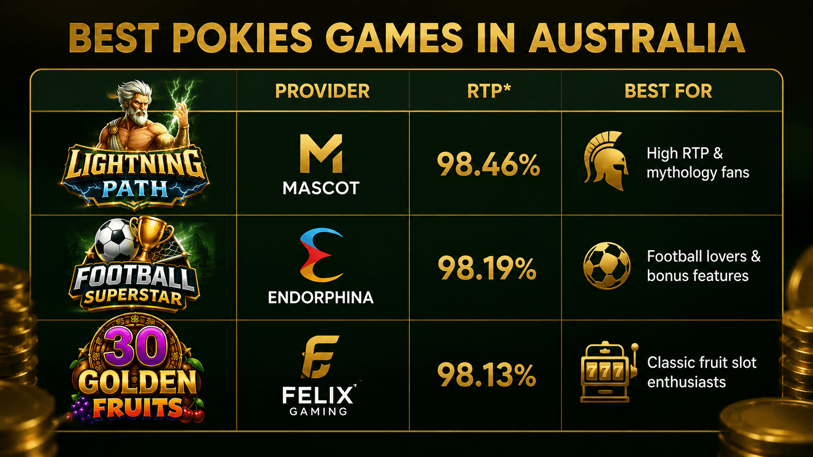 Best pokies games Australia comparison chart for 2026 showing Lightning Path, Football Superstar, and 30 Golden Fruits, including RTP, game providers, and the best online pokies for Australian players based on gameplay style and features.