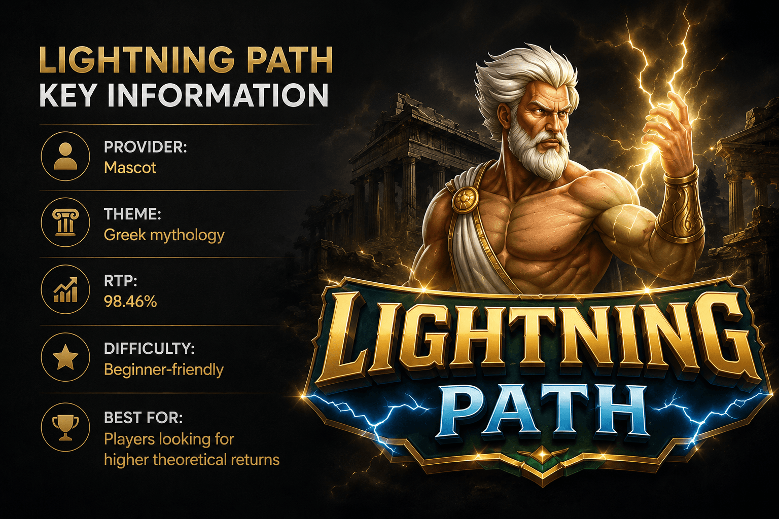 Lightning Path online pokie key information infographic featuring Mascot provider, Greek mythology theme, 98.46% RTP, beginner-friendly gameplay, and high RTP slot recommendations for Australian players with Zeus artwork and premium casino design.