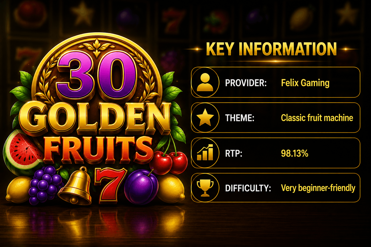 30 Golden Fruits slot game guide showing key information including Felix Gaming provider, classic fruit machine theme, 98.13% RTP, beginner-friendly gameplay, and premium casino-style artwork for Australian online pokies players in 2026.