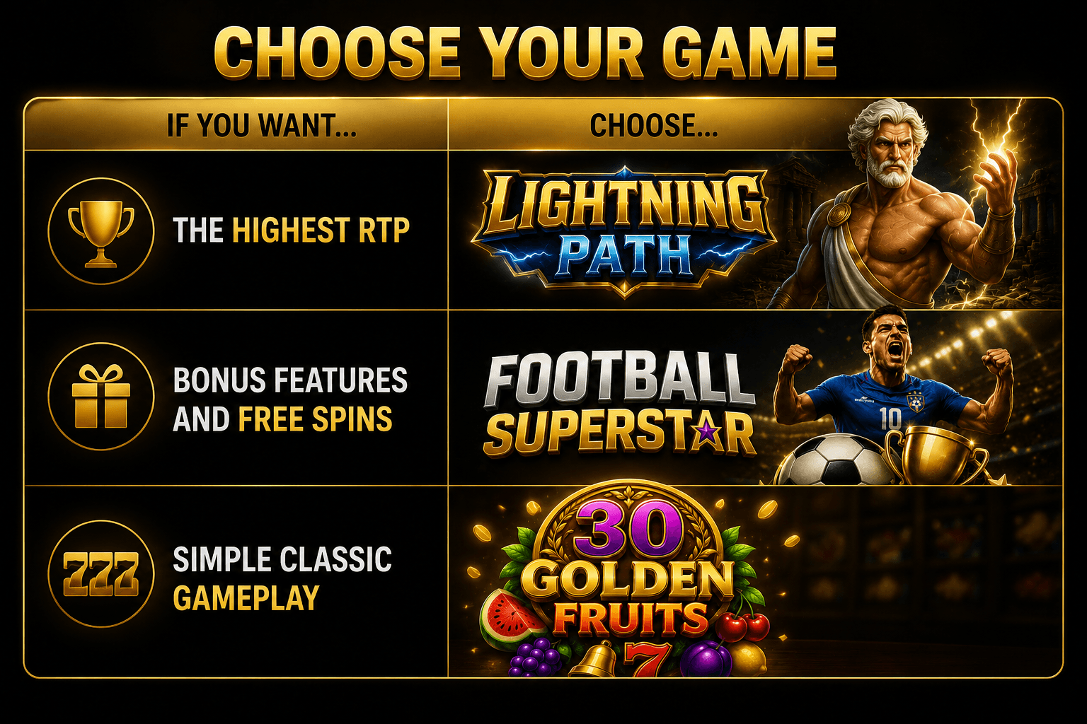 Best pokies games Australia comparison chart helping players choose between Lightning Path, Football Superstar, and 30 Golden Fruits based on highest RTP, free spins, bonus features, and classic fruit slot gameplay in 2026.