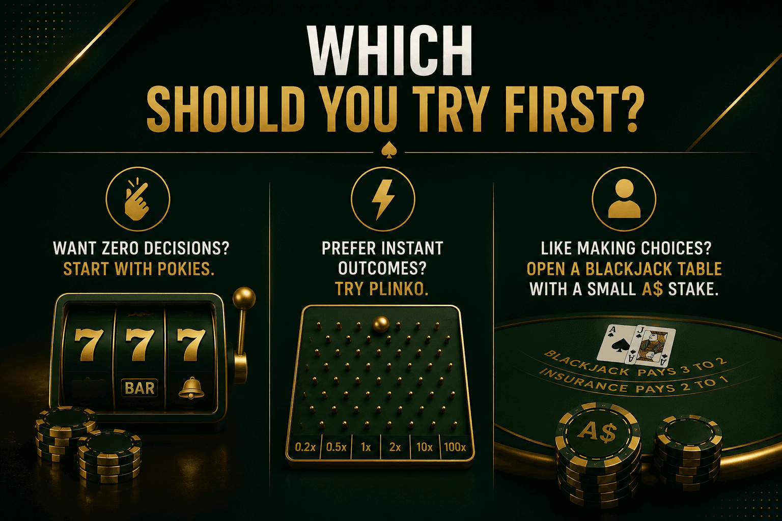 Infographic comparing beginner-friendly casino games for Australian players, showing pokies for simple gameplay, Plinko for instant outcomes, and blackjack for players who prefer making decisions, all presented in a premium dark green and gold casino design.