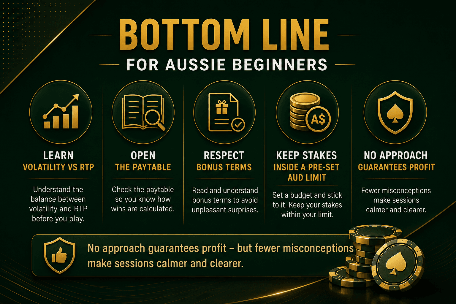 Infographic summarizing key advice for Australian beginner casino players, explaining the difference between volatility and RTP, checking slot paytables, reading bonus terms, setting a pre-defined AUD bankroll limit, and understanding that informed play reduces mistakes but does not guarantee profit.