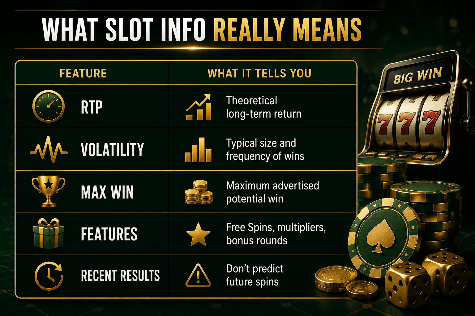 Casino slot information guide showing RTP, volatility, maximum win, bonus features, free spins, multipliers, and recent results, with explanations for Australian players.