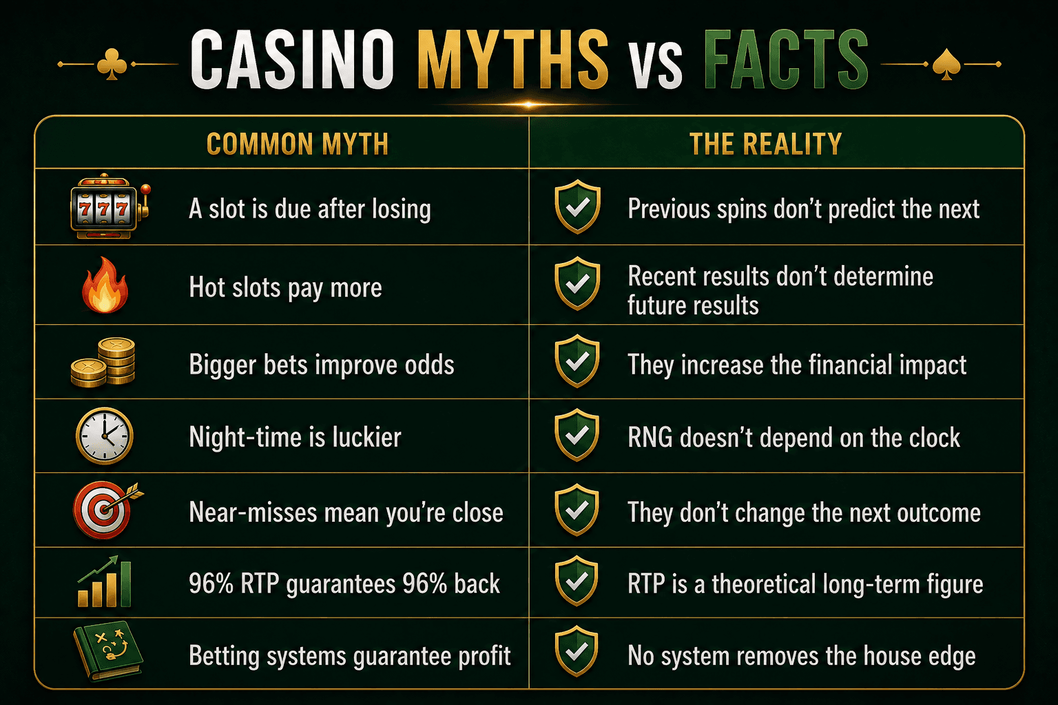 Casino myths vs facts infographic for Australian players, comparing common gambling myths with factual explanations about slot randomness, hot slots, bet sizes, night-time luck, near-misses, RTP, and betting systems on a dark green and gold background.