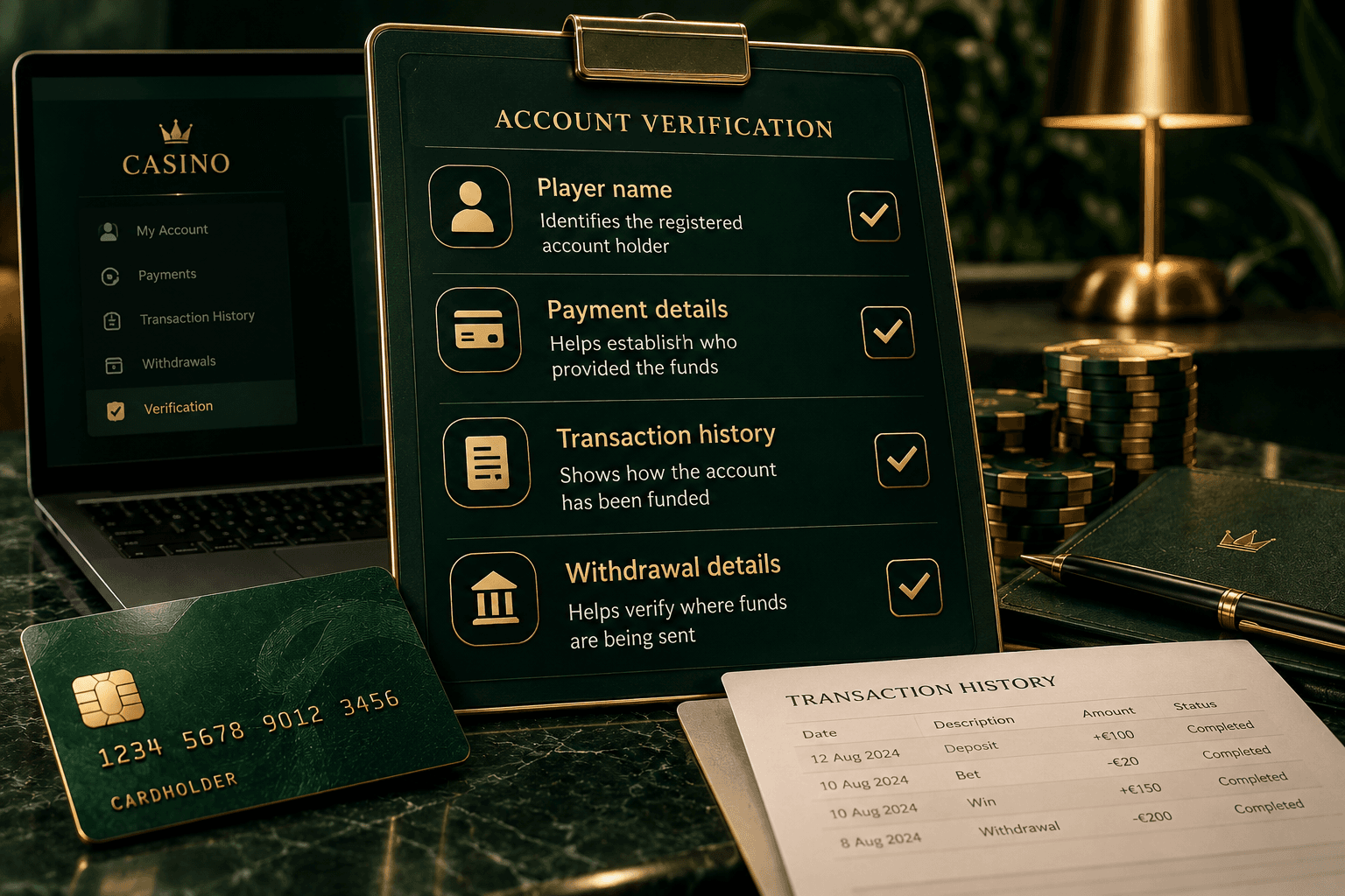 Online casino account verification infographic showing player name, payment details, transaction history, and withdrawal details checked to verify account ownership and funding sources, in a dark green and gold premium style.
