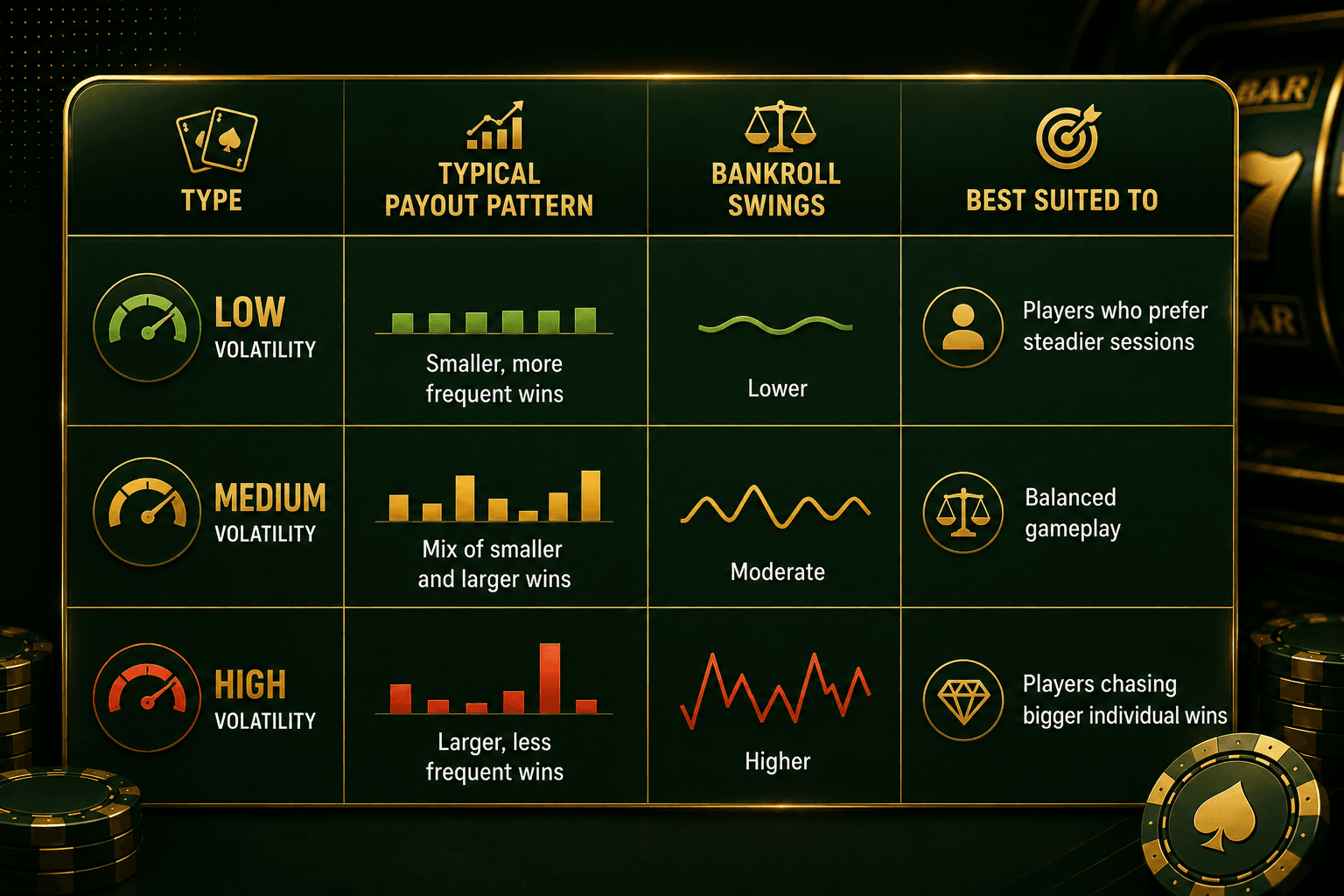 Green and gold infographic comparing low, medium, and high casino game volatility, showing typical payout patterns, bankroll swings, and the player profiles each volatility level is best suited to.