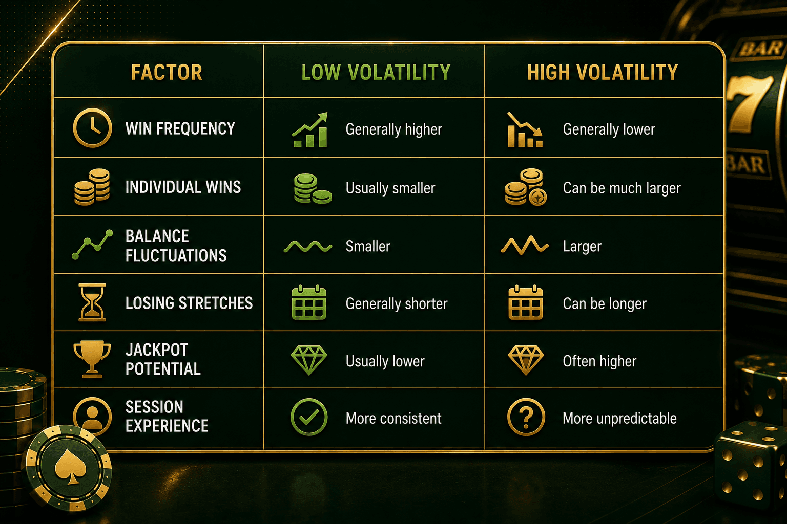 Green and gold infographic comparing low and high casino game volatility by win frequency, individual win size, bankroll fluctuations, losing streaks, jackpot potential, and overall session consistency.