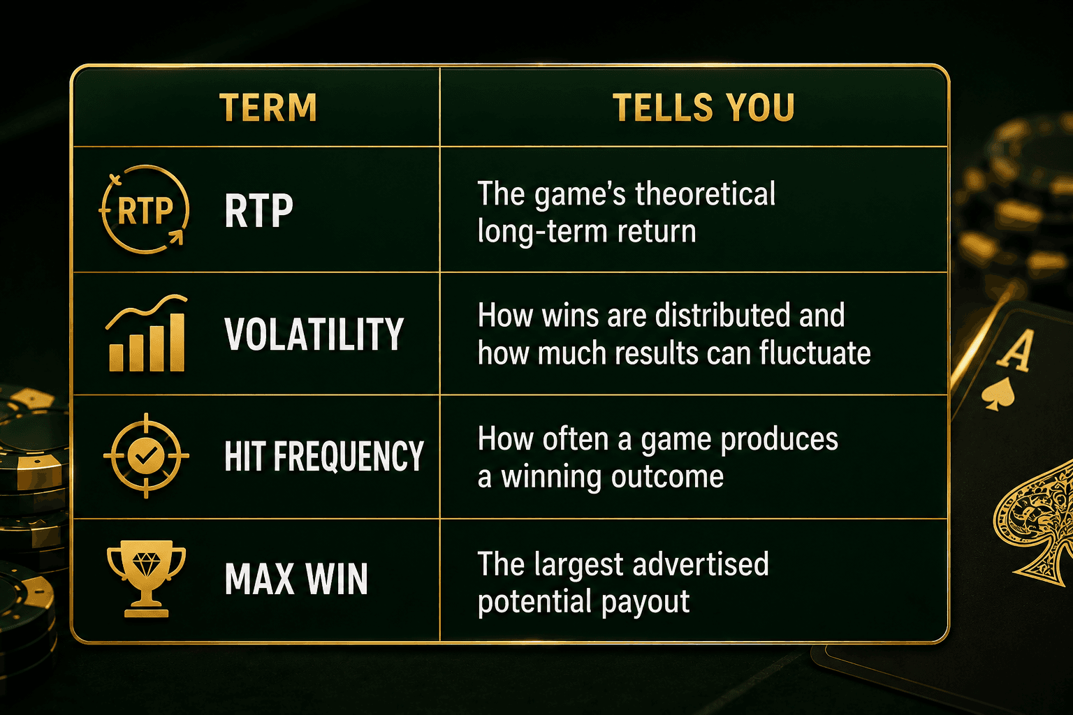 Green and gold casino infographic explaining four key slot terms: RTP as theoretical long-term return, volatility as the distribution and fluctuation of wins, hit frequency as how often winning outcomes occur, and max win as the largest advertised potential payout.