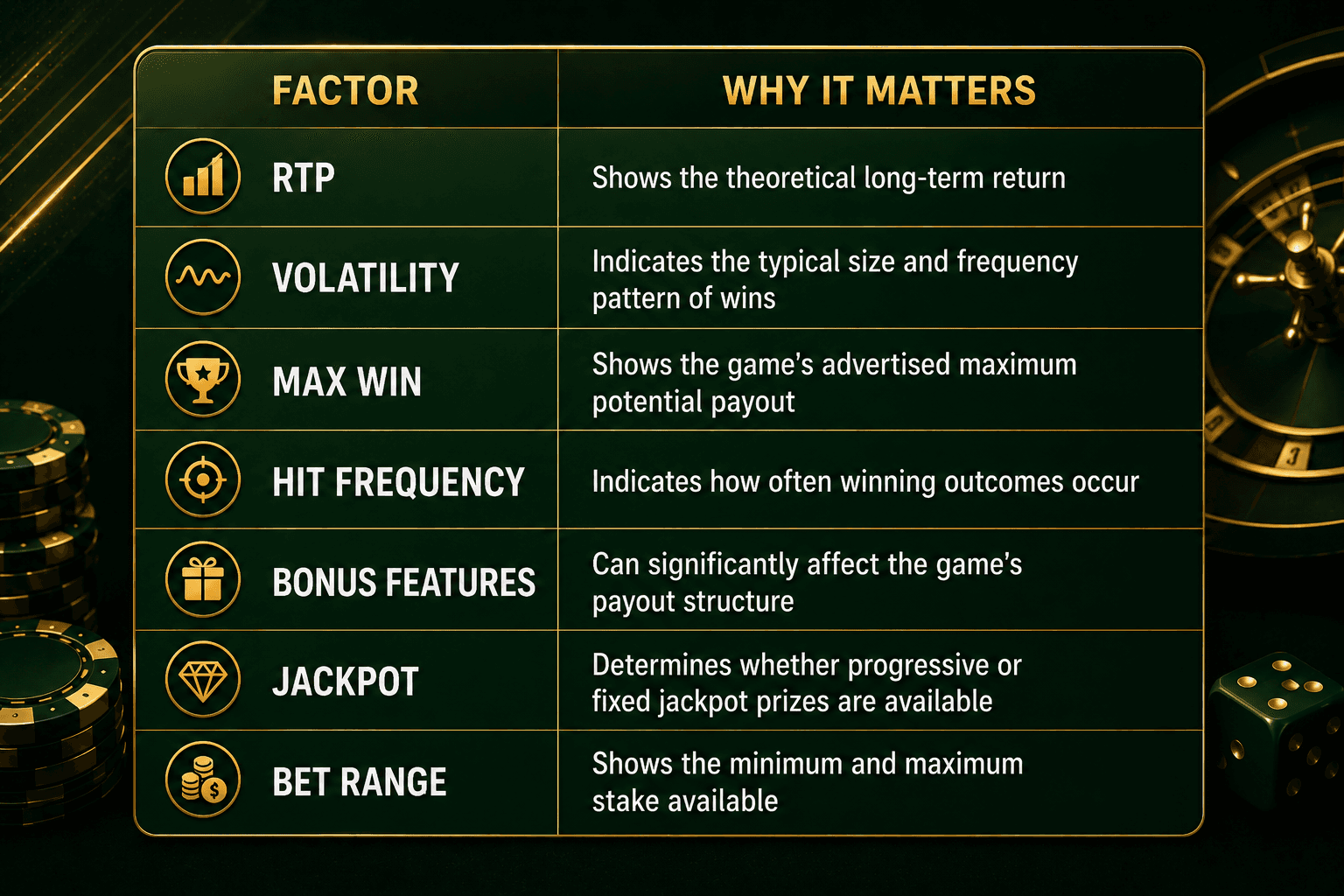 Green and gold casino infographic comparing key slot factors, including RTP, volatility, maximum win, hit frequency, bonus features, jackpot availability, and betting range, with explanations of why each factor matters when choosing a casino game.