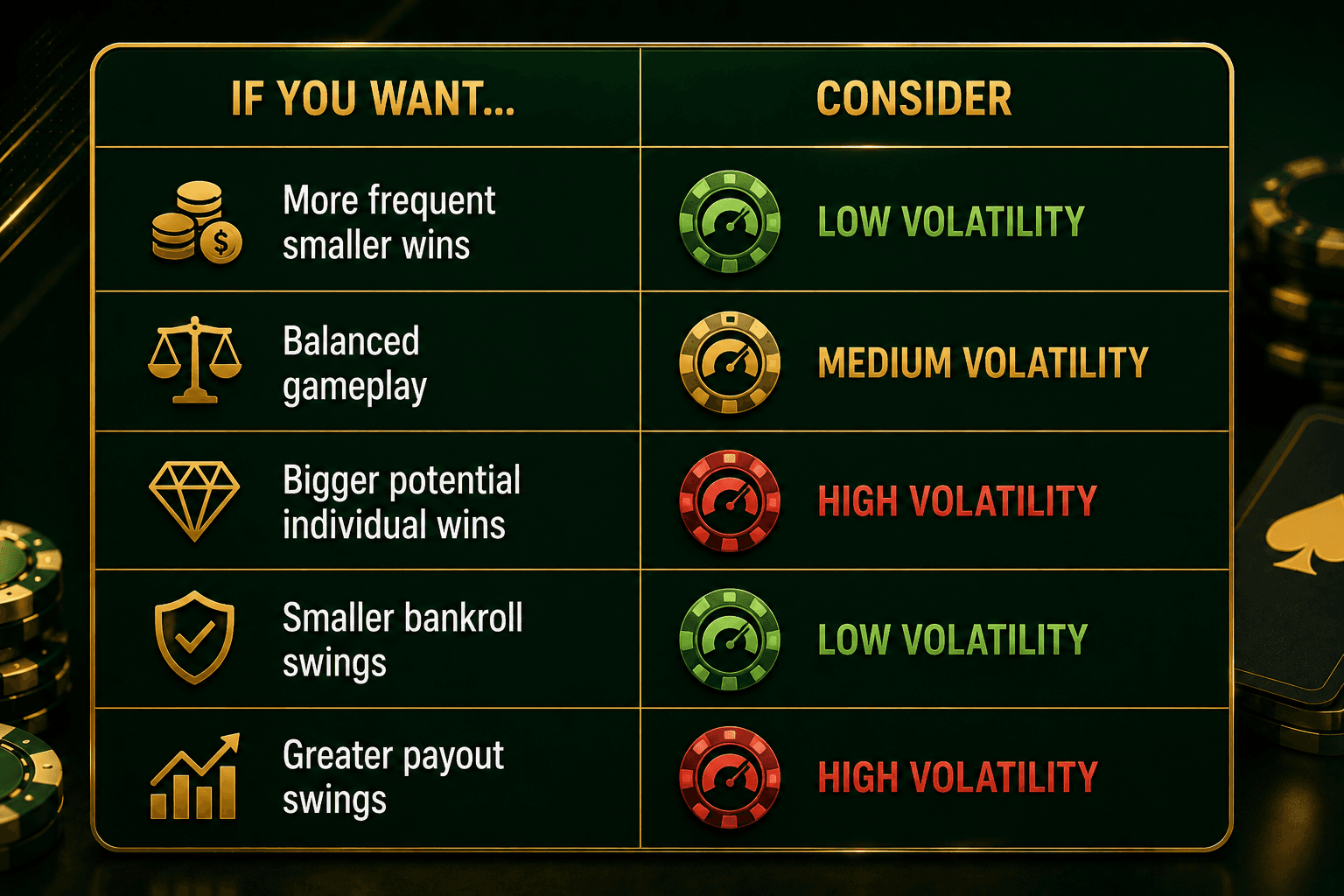 Green and gold casino infographic comparing player preferences with game volatility, showing low volatility for more frequent smaller wins and smaller bankroll swings, medium volatility for balanced gameplay, and high volatility for bigger potential wins and greater payout swings.